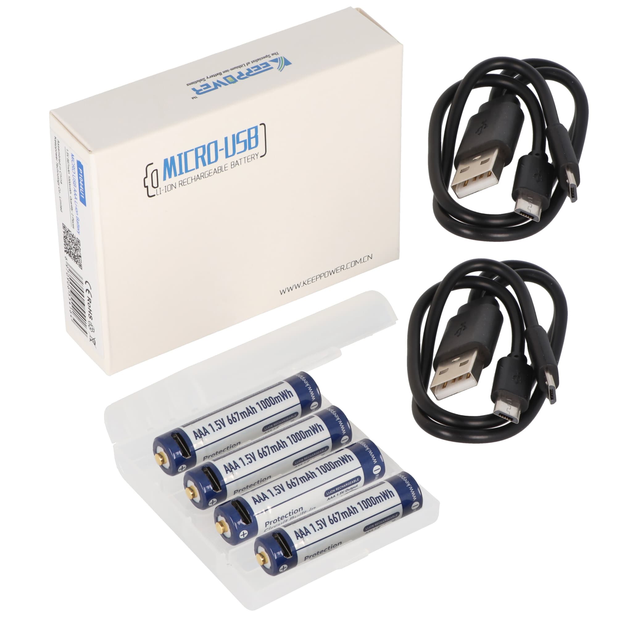 4 pièces Keeppower AAA 1.5V 1000mWh batterie lithium-ion, micro, AAA, LR03, avec prise de charge USB, rechargeable via micro USB