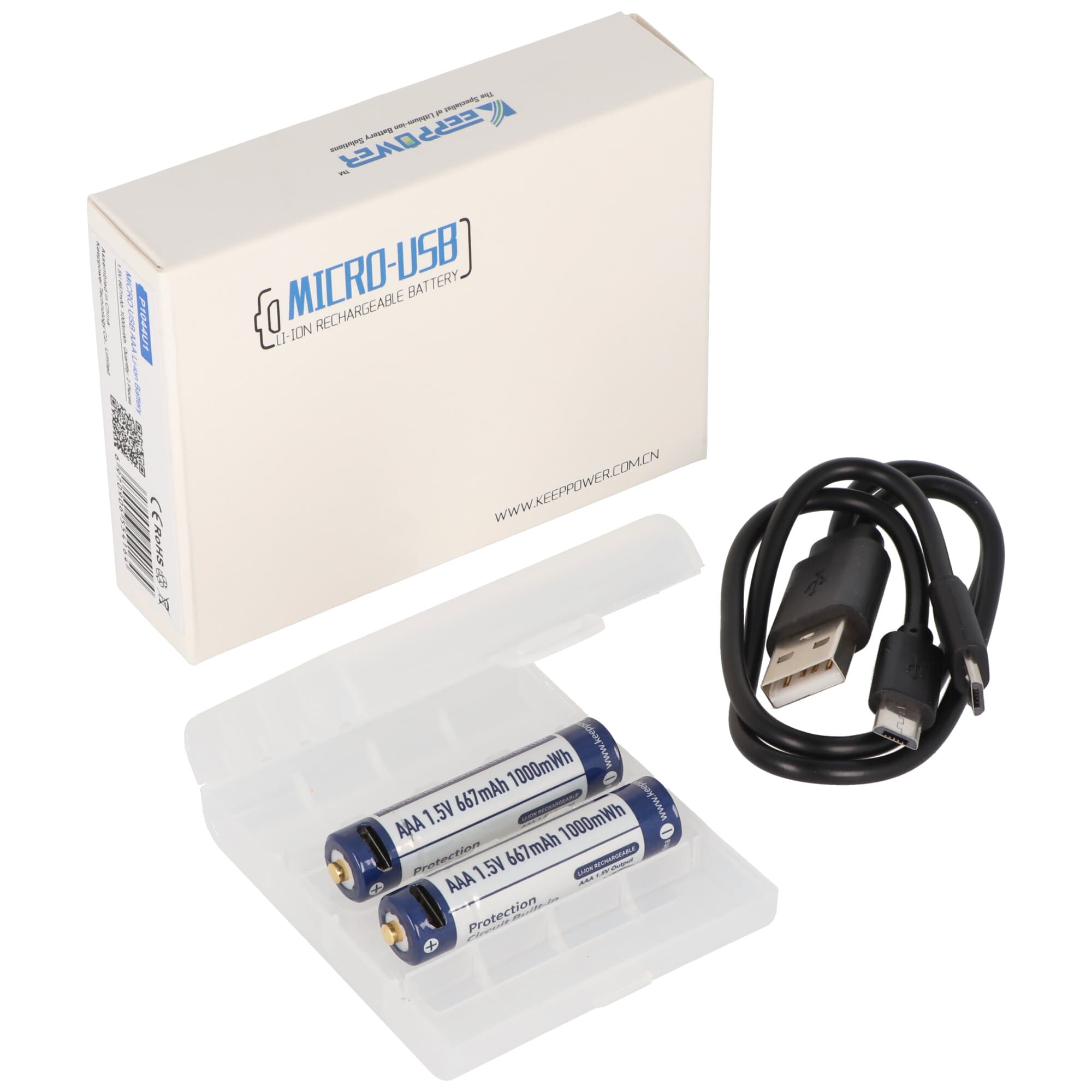 2 pièces Keeppower AAA 1.5V 1000mWh batterie lithium-ion, micro, AAA, LR03, avec prise de charge USB, rechargeable via micro USB