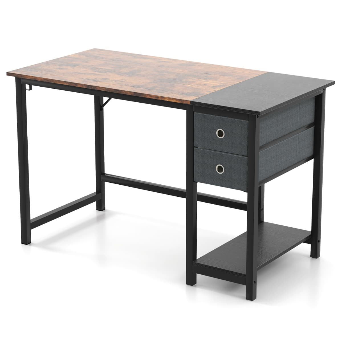CostwayBureau de 120 Cm Poste de Travail Informatique Moderne avec 2 Tiroirs Crochet de Suspension Étagère de Rangement Marron Rustique et Noir